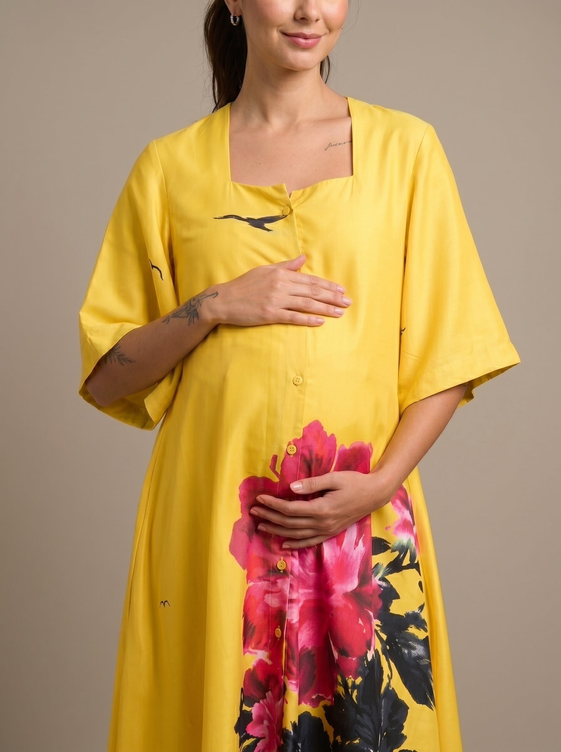 Chinese Floral Print Cotton Satin Maternity Co-Ord Set