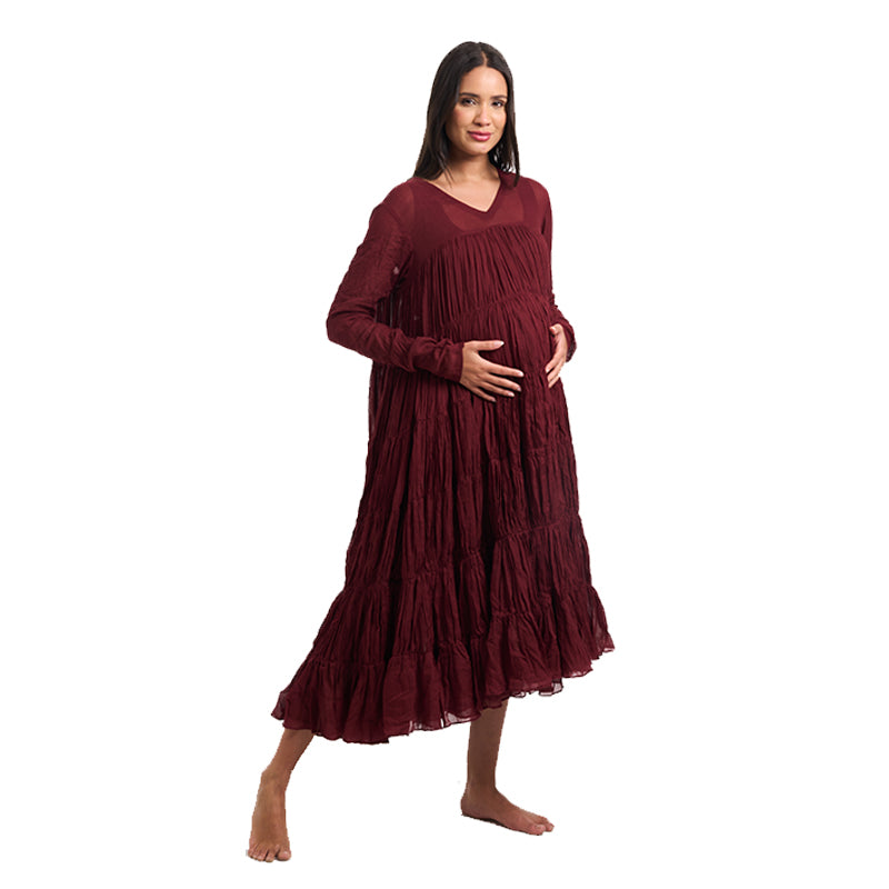 Maroon Mulmul Cotton 9-Meter Ghera Nursing Dress with Inner