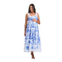Vintage Toile Print Nursing-Friendly Sleeveless Maxi Dress