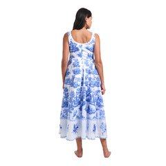 Vintage Toile Print Nursing-Friendly Sleeveless Maxi Dress