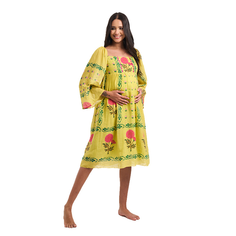 Marigold Block Print Mulmul Midi Resort Dress – Eastman Green