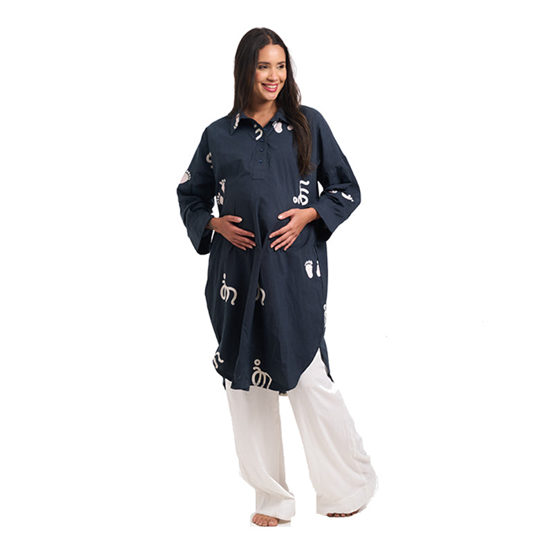 Baby Feet Print Cotton Satin Maternity Shirt Dress Co-Ord Set