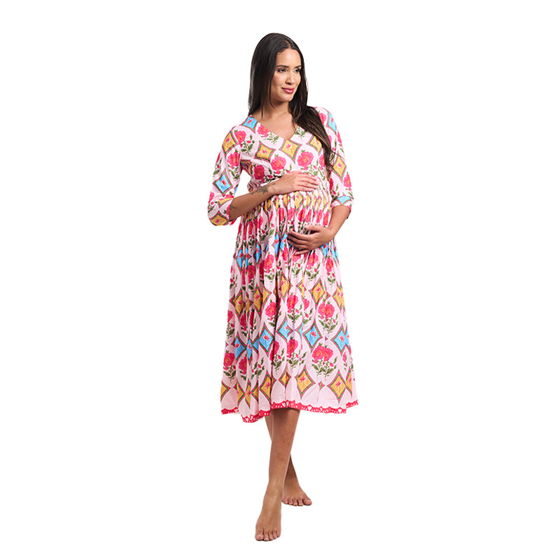 Mughal Floral Print Mulmul Cotton Nursing Maxi Dress