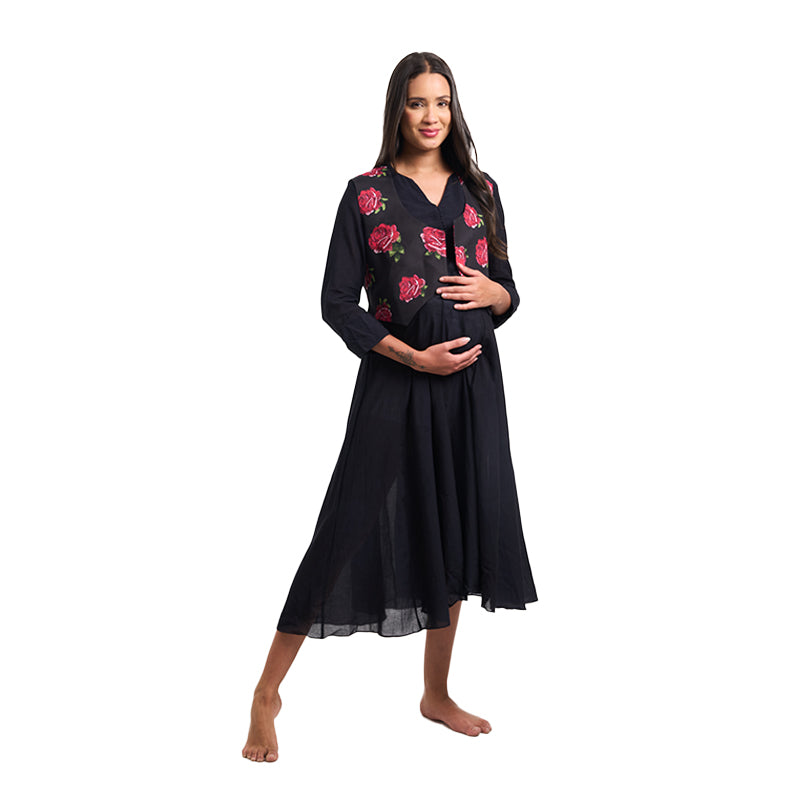 Black Tropical Rose Waistcoat Nursing Flared Dress