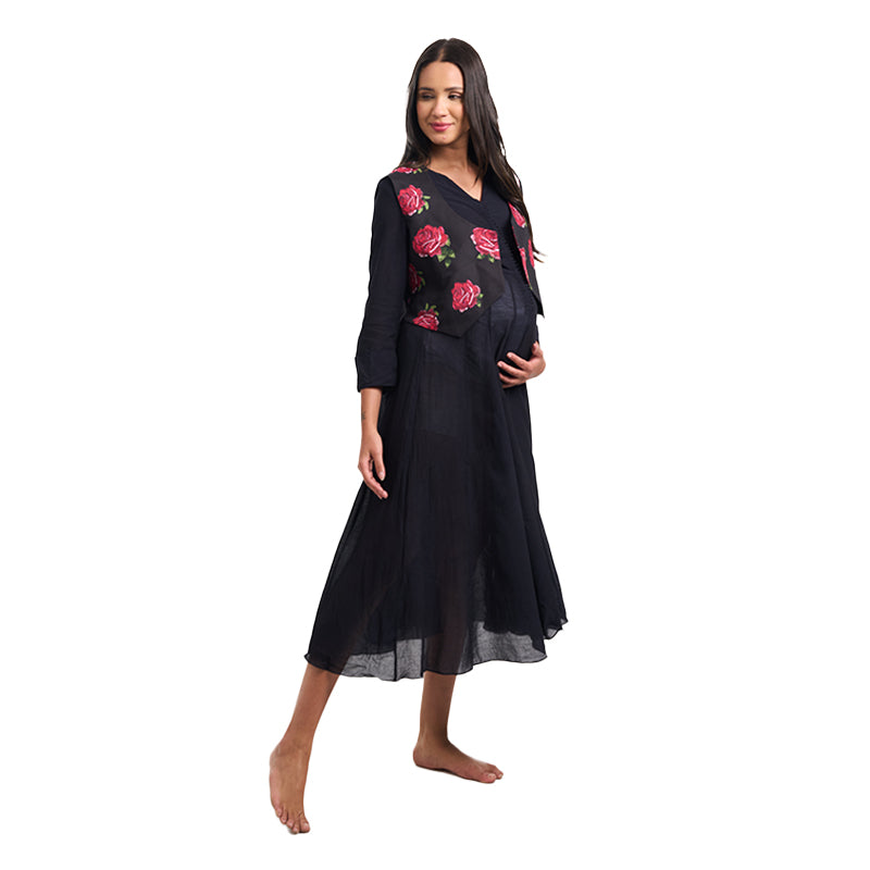 Black Tropical Rose Waistcoat Nursing Flared Dress