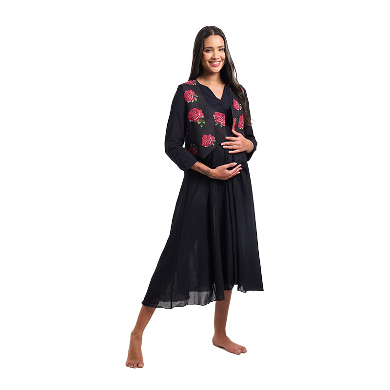 Black Tropical Rose Waistcoat Nursing Flared Dress