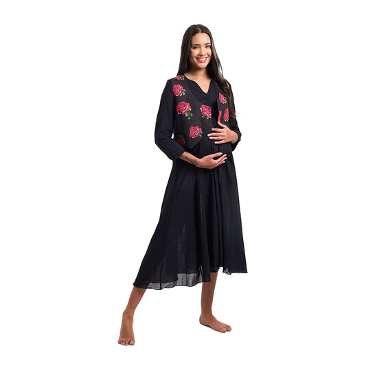 Black Tropical Rose Waistcoat Nursing Flared Dress