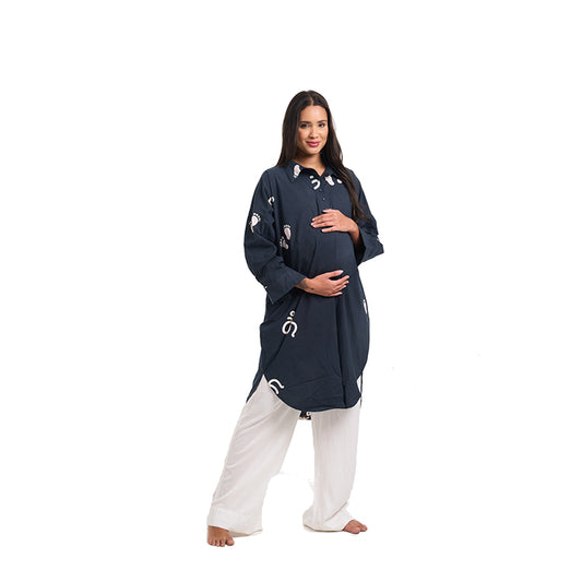 Baby Feet Print Cotton Satin Maternity Shirt Dress Co-Ord Set