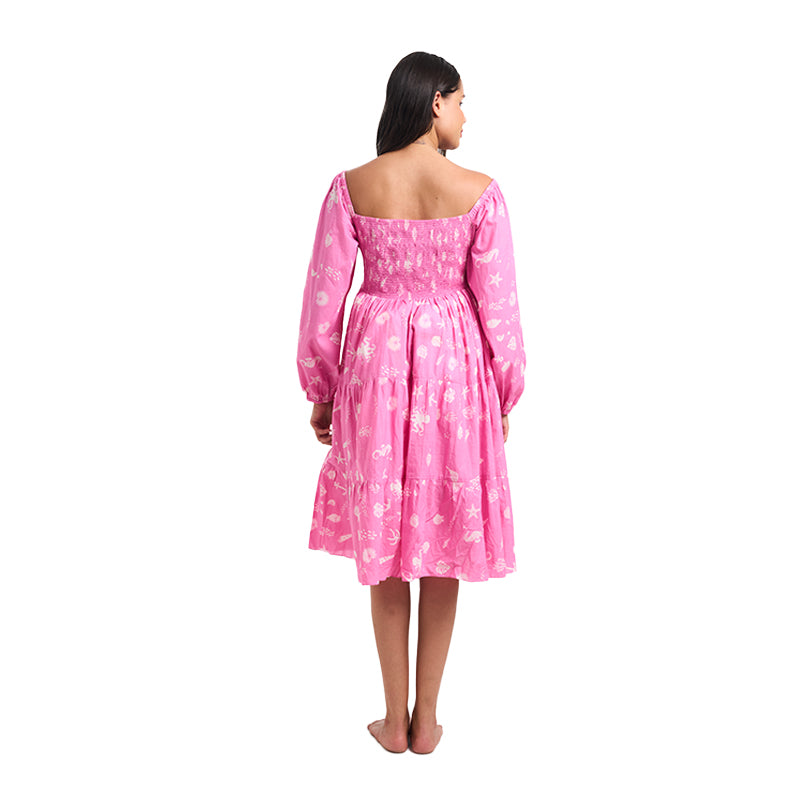 Aqua Print Candy Pink Tiered Maternity Midi Dress