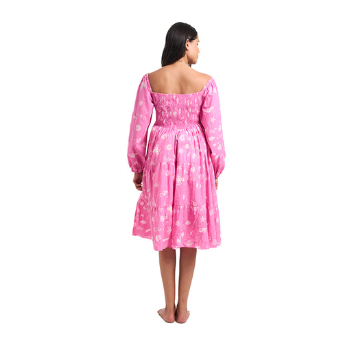 Aqua Print Candy Pink Tiered Maternity Midi Dress