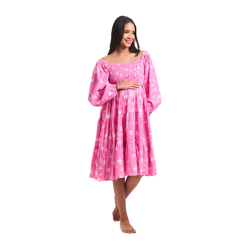 Aqua Print Candy Pink Tiered Maternity Midi Dress