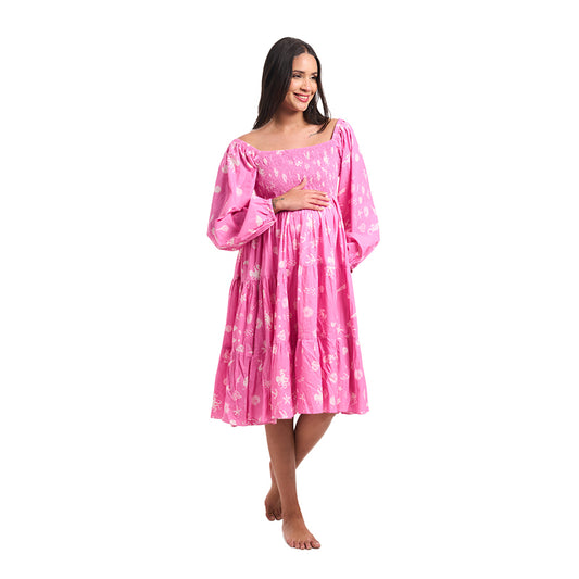 Aqua Print Candy Pink Tiered Maternity Midi Dress