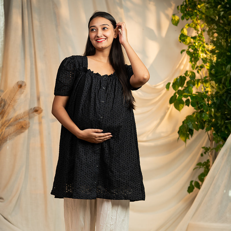 Black organic schiffli cotton - A line cotton top