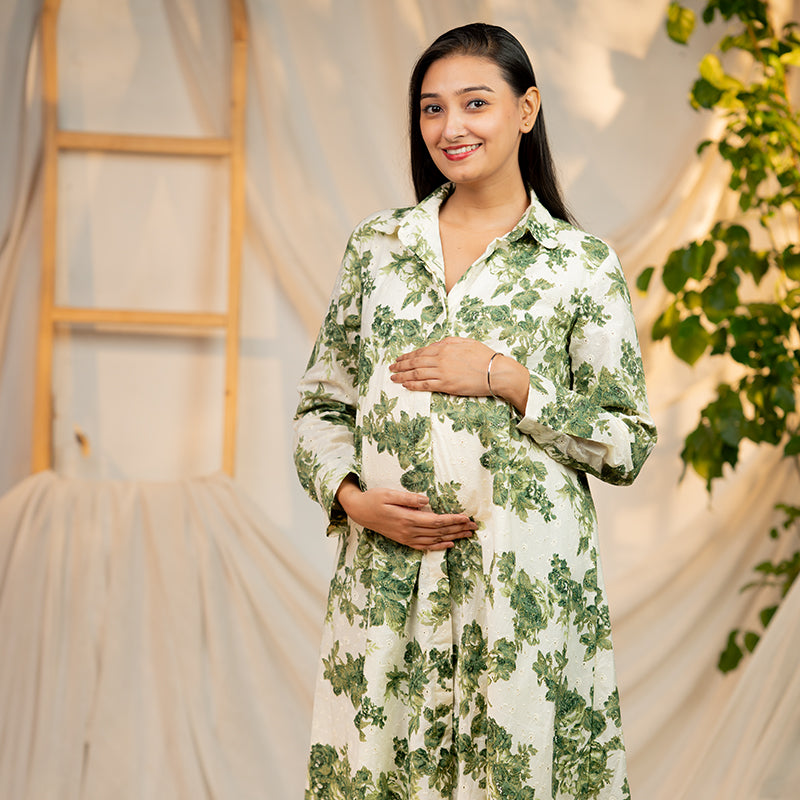 Organic Eyelet Cotton Foliage Print - A Line Shirt Dress