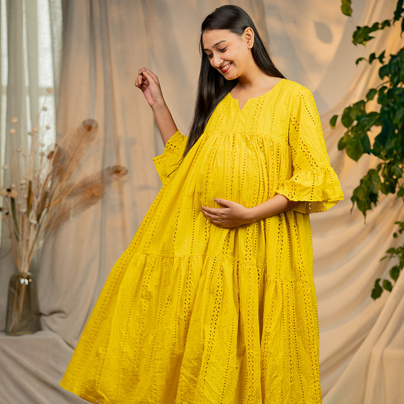 Daffodil Pure Cotton Schiffli Maxi Dress