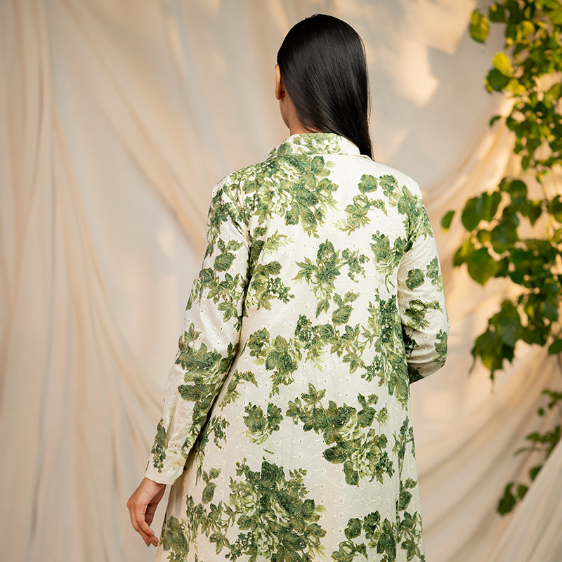 Organic Eyelet Cotton Foliage Print - A Line Shirt Dress