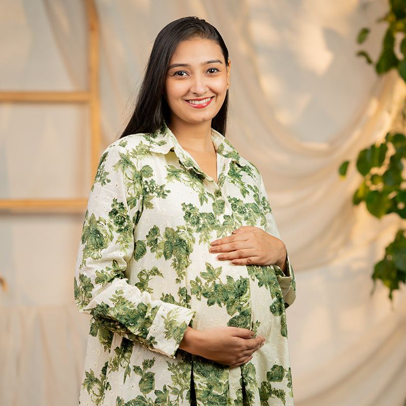 Organic Eyelet Cotton Foliage Print - A Line Shirt Dress