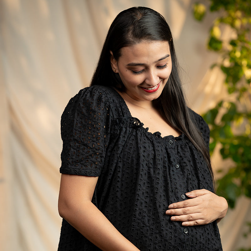 Black organic schiffli cotton - A line cotton top