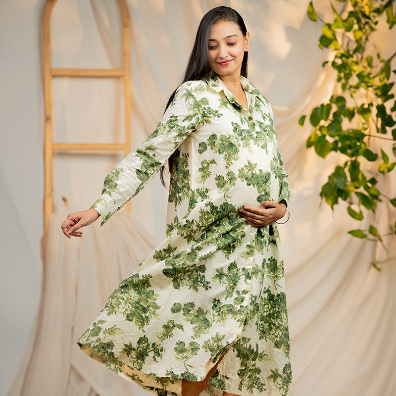 Organic Eyelet Cotton Foliage Print - A Line Shirt Dress