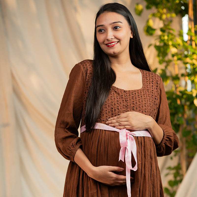 Organic Crush Cotton Choco Brown Eyelet Midi Dress