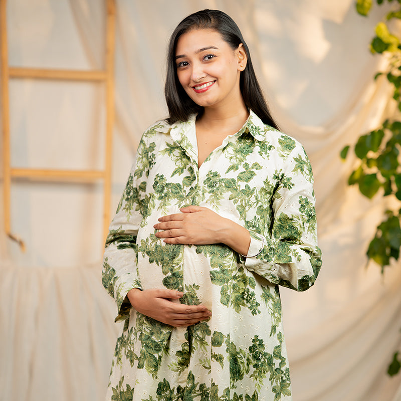 Organic Eyelet Cotton Foliage Print - A Line Shirt Dress