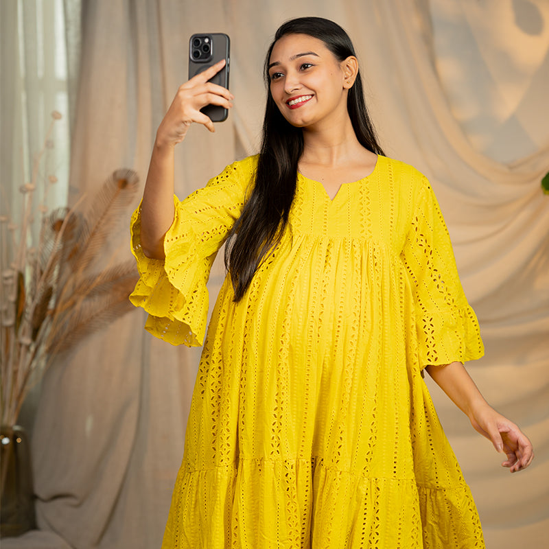 Daffodil Pure Cotton Schiffli Maxi Dress