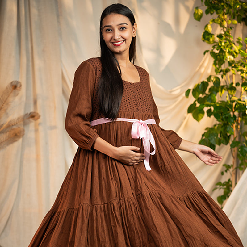 Organic Crush Cotton Choco Brown Eyelet Midi Dress