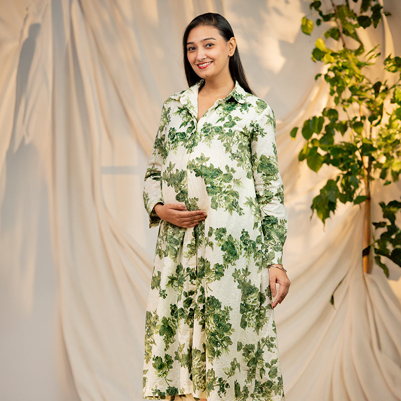 Organic Eyelet Cotton Foliage Print - A Line Shirt Dress