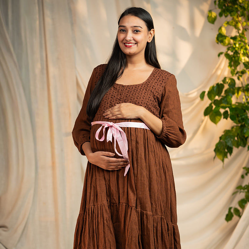 Organic Crush Cotton Choco Brown Eyelet Midi Dress