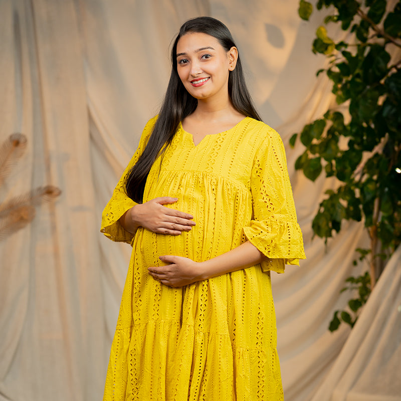 Daffodil Pure Cotton Schiffli Maxi Dress