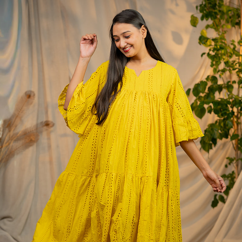 Daffodil Pure Cotton Schiffli Maxi Dress