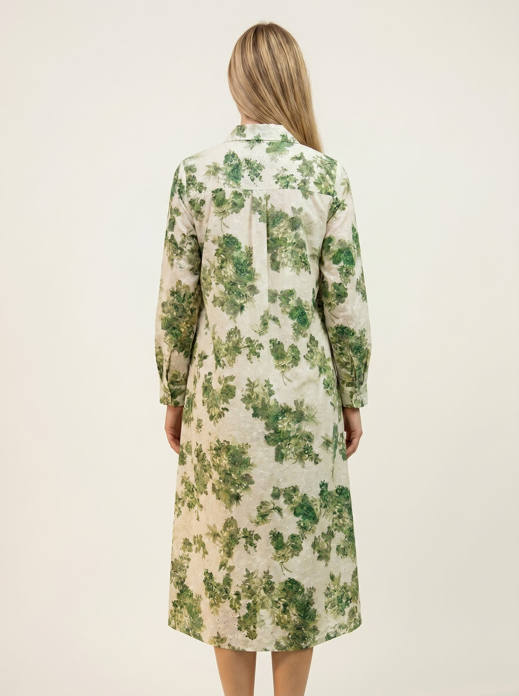 Organic Eyelet Cotton Foliage Print - A Line Shirt Dress