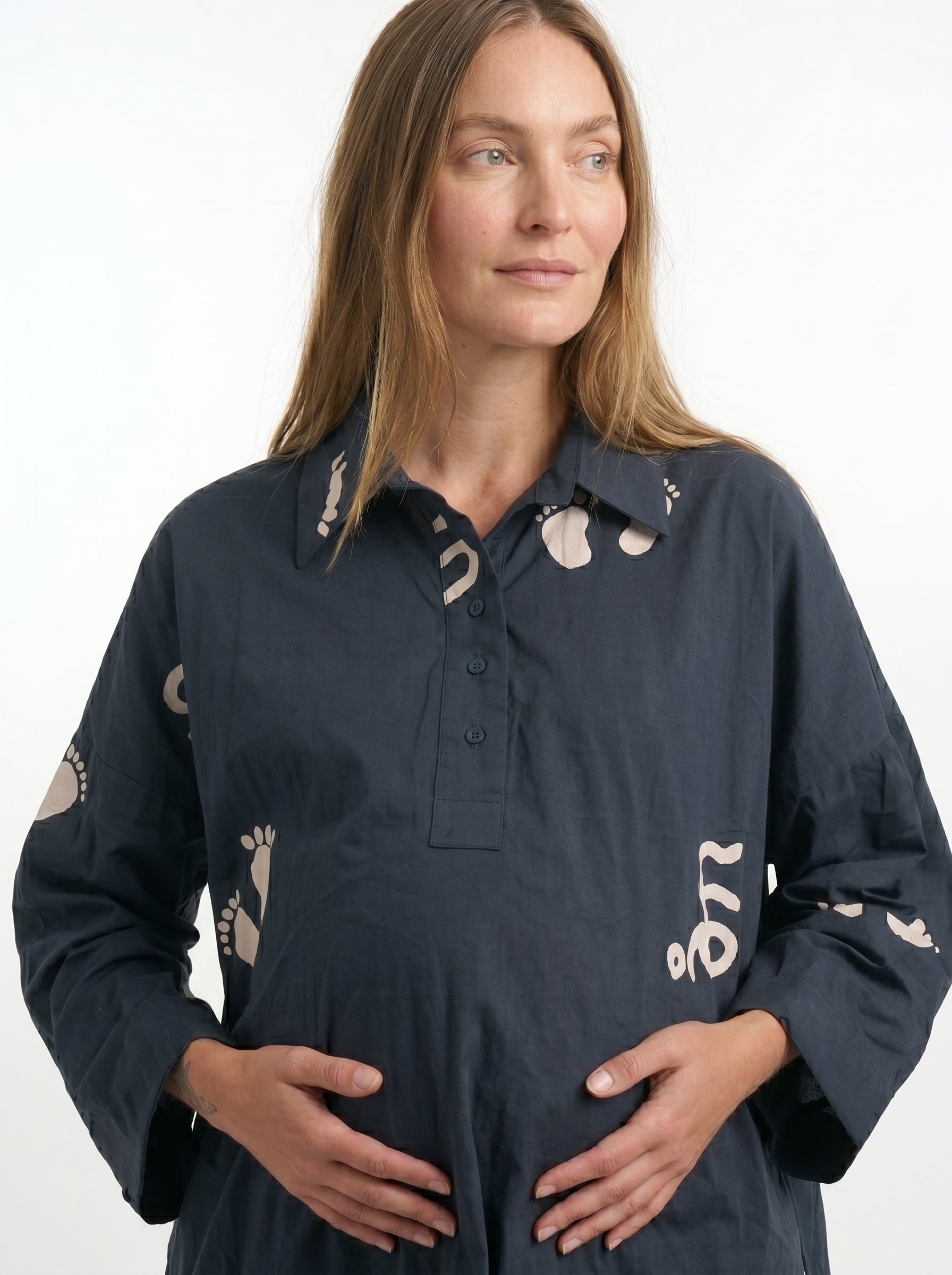 Baby Feet Print Cotton Satin Maternity Shirt Dress Co-Ord Set