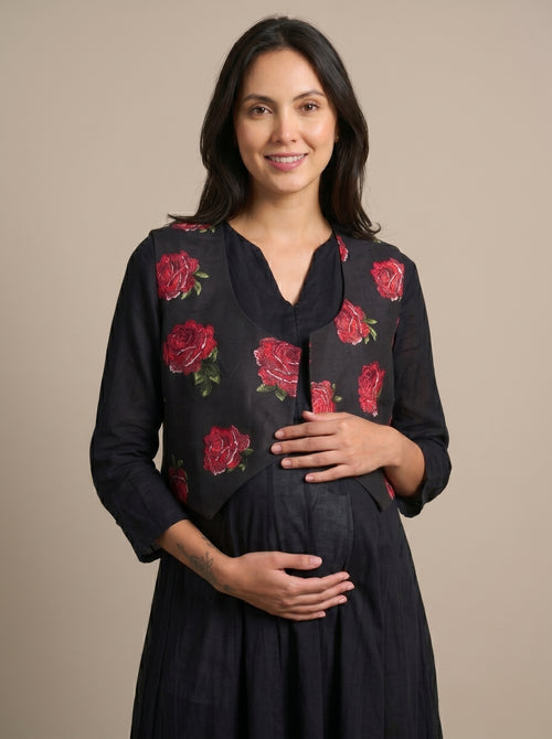 Black Tropical Rose Waistcoat Nursing Flared Dress
