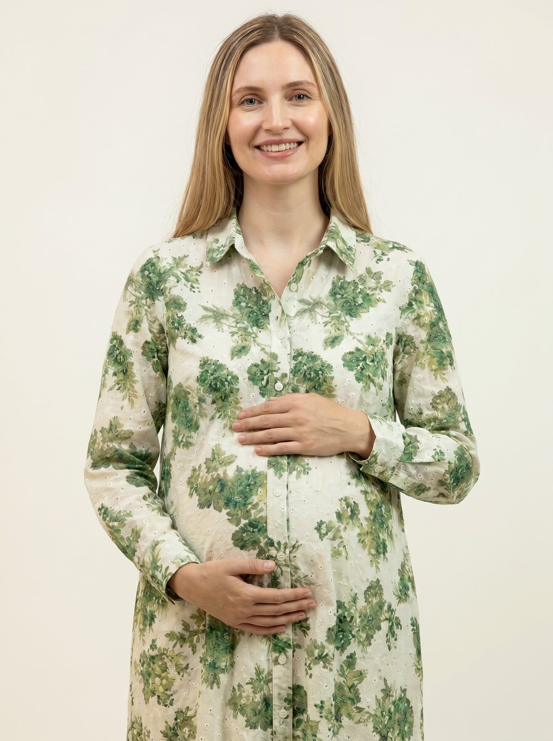 Organic Eyelet Cotton Foliage Print - A Line Shirt Dress