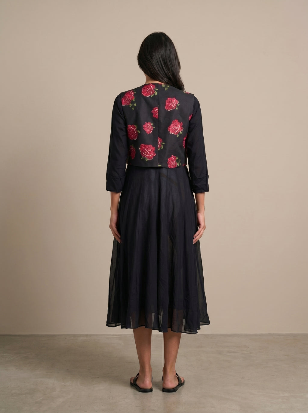 Black Tropical Rose Waistcoat Nursing Flared Dress