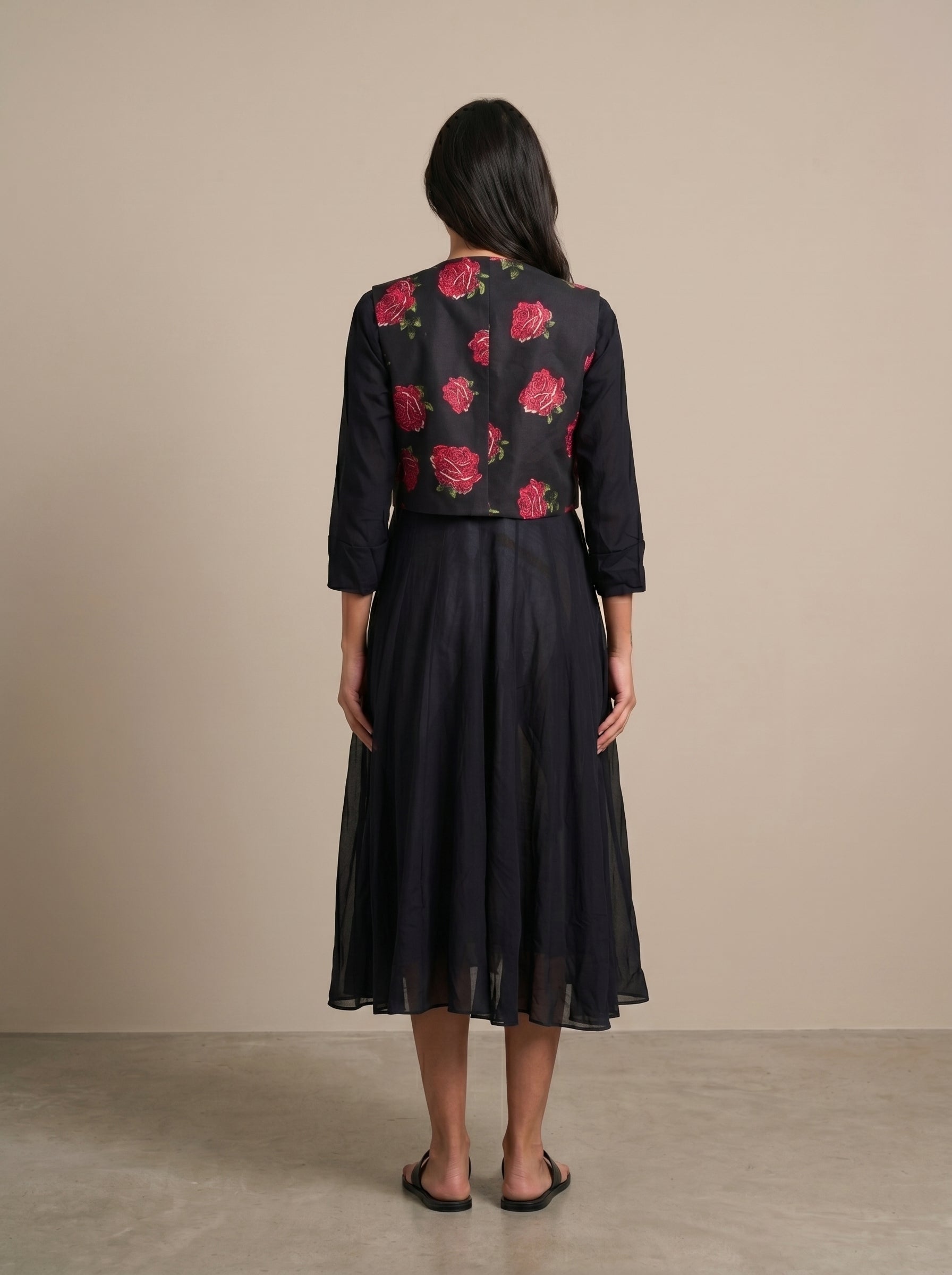 Black Tropical Rose Waistcoat Nursing Flared Dress