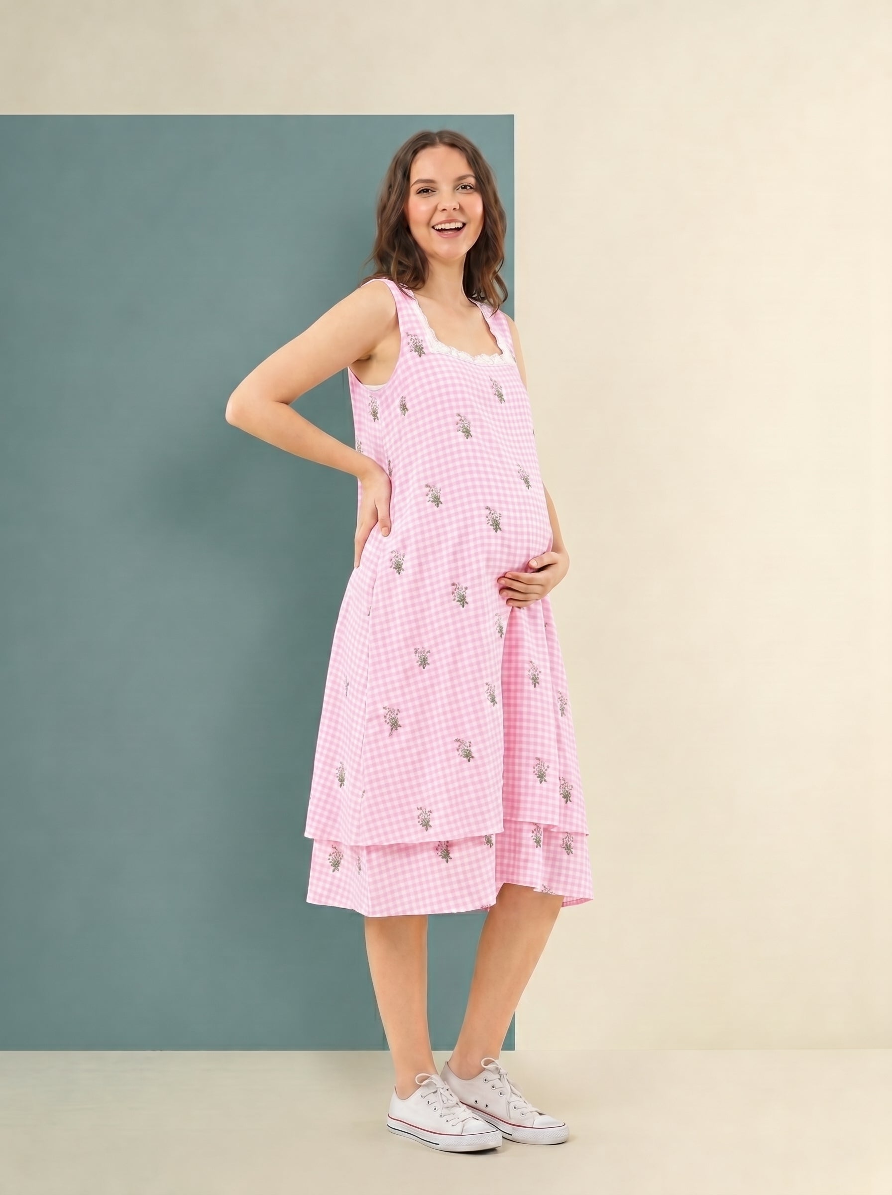 pink checkered  cottage core dress
