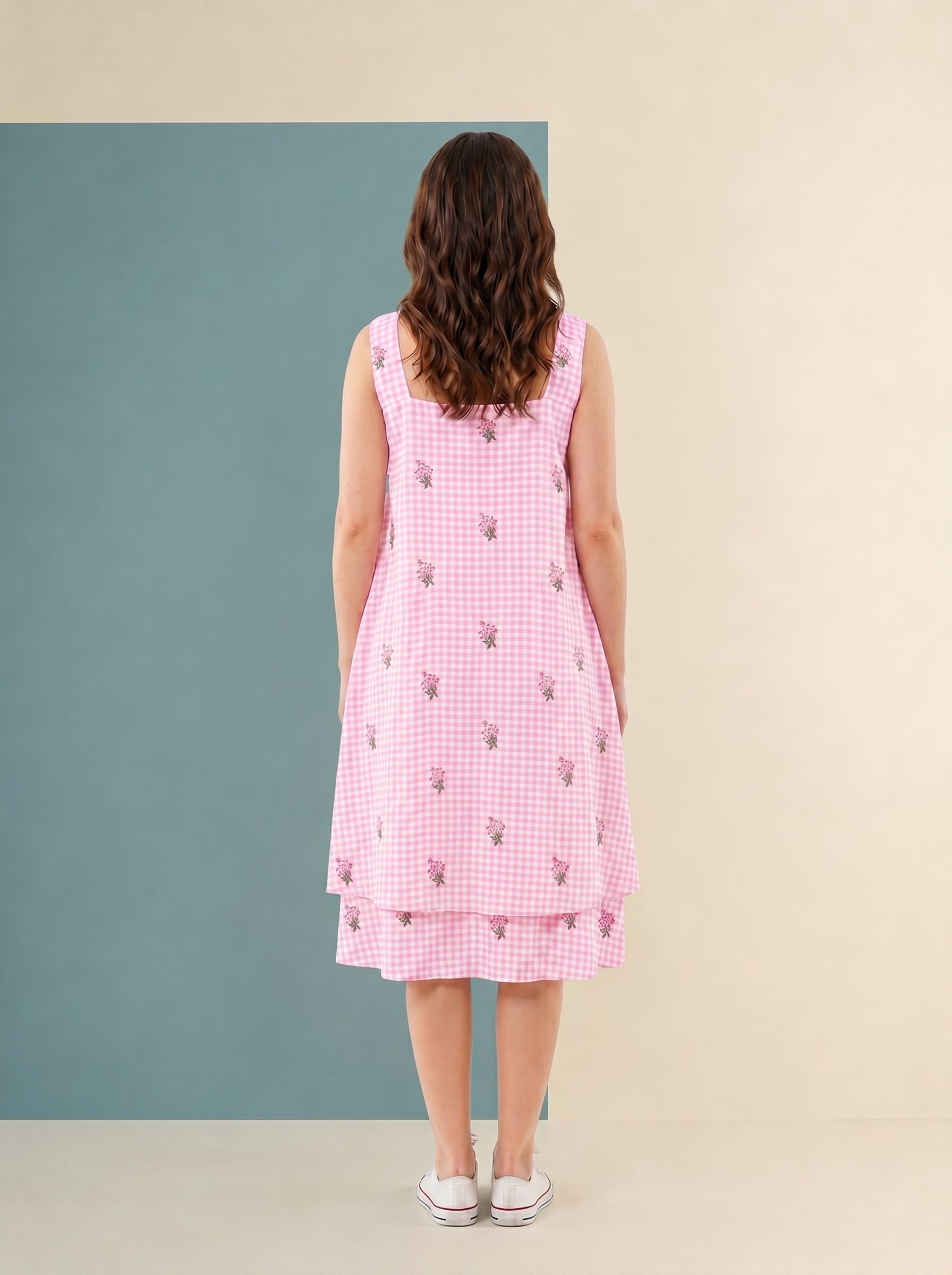 pink checkered  cottage core dress