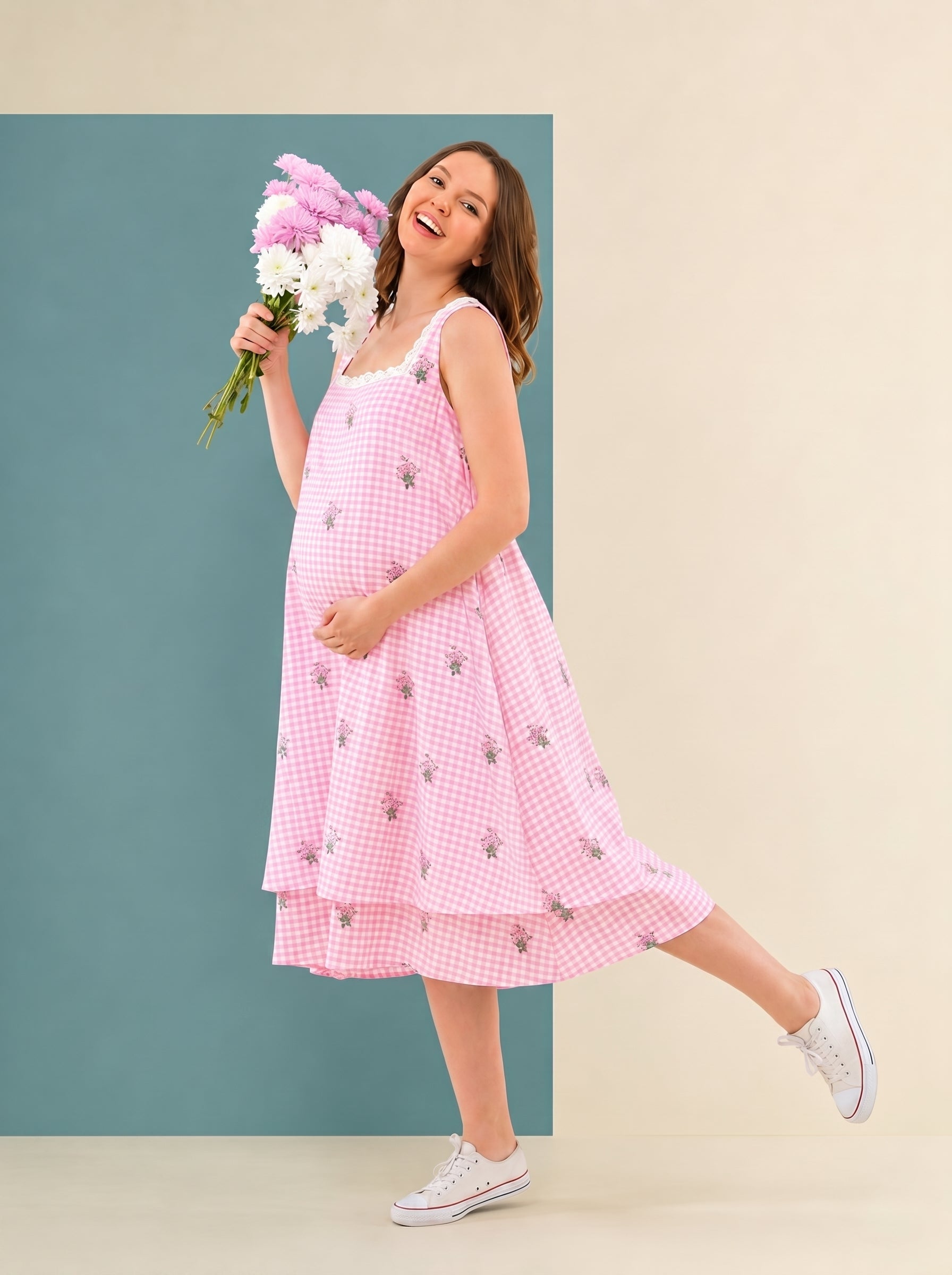 pink checkered  cottage core dress