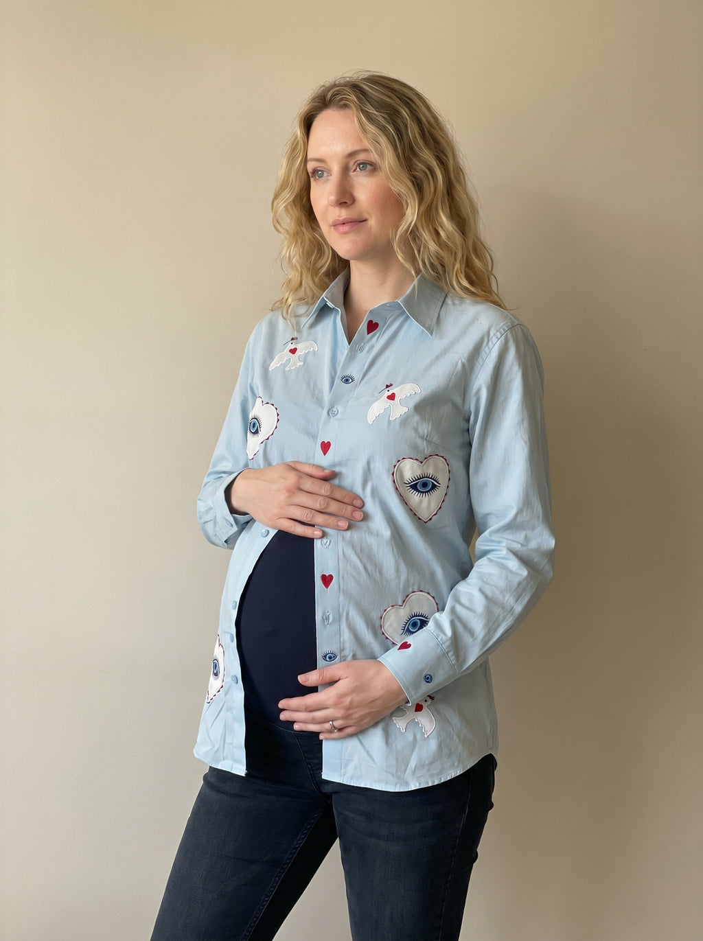 baby blue hearts and eyes maternity shirt