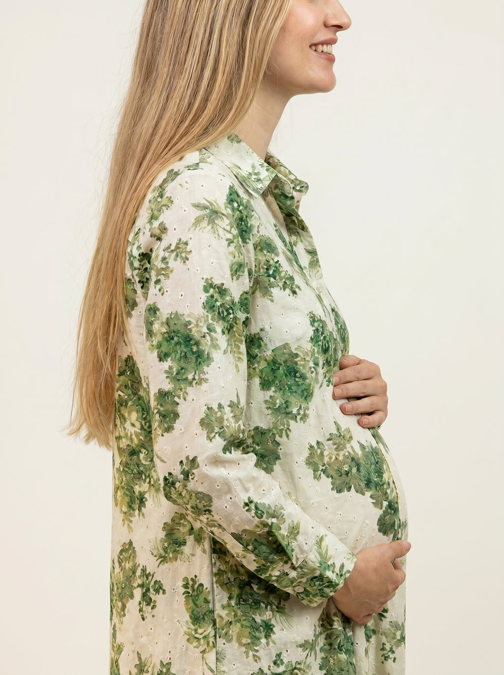 Organic Eyelet Cotton Foliage Print - A Line Shirt Dress