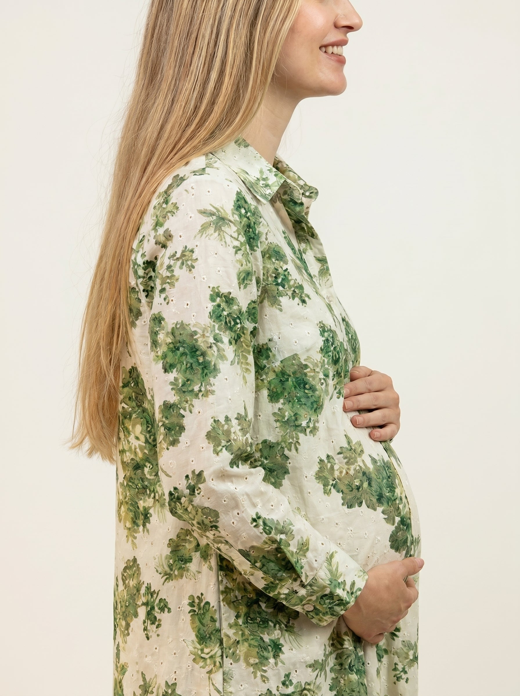 Organic Eyelet Cotton Foliage Print - A Line Shirt Dress