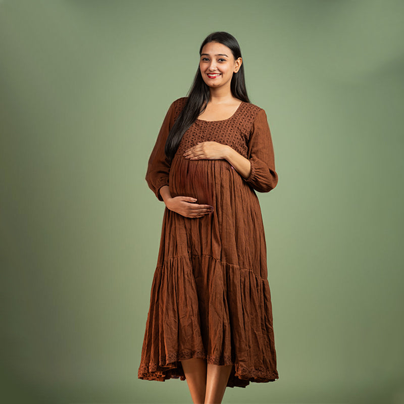 Organic Crush Cotton Choco Brown Eyelet Midi Dress