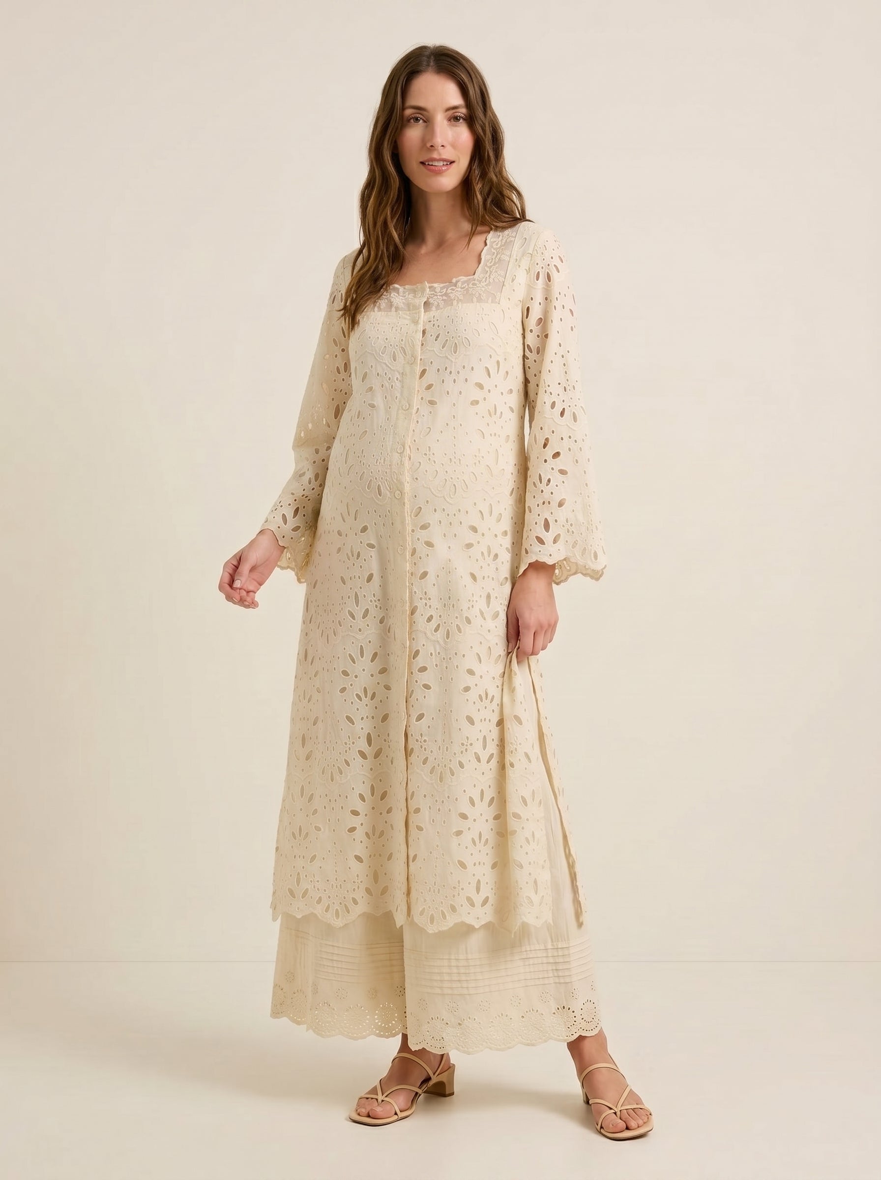 Exotic ivory eyelet maternity kurti set