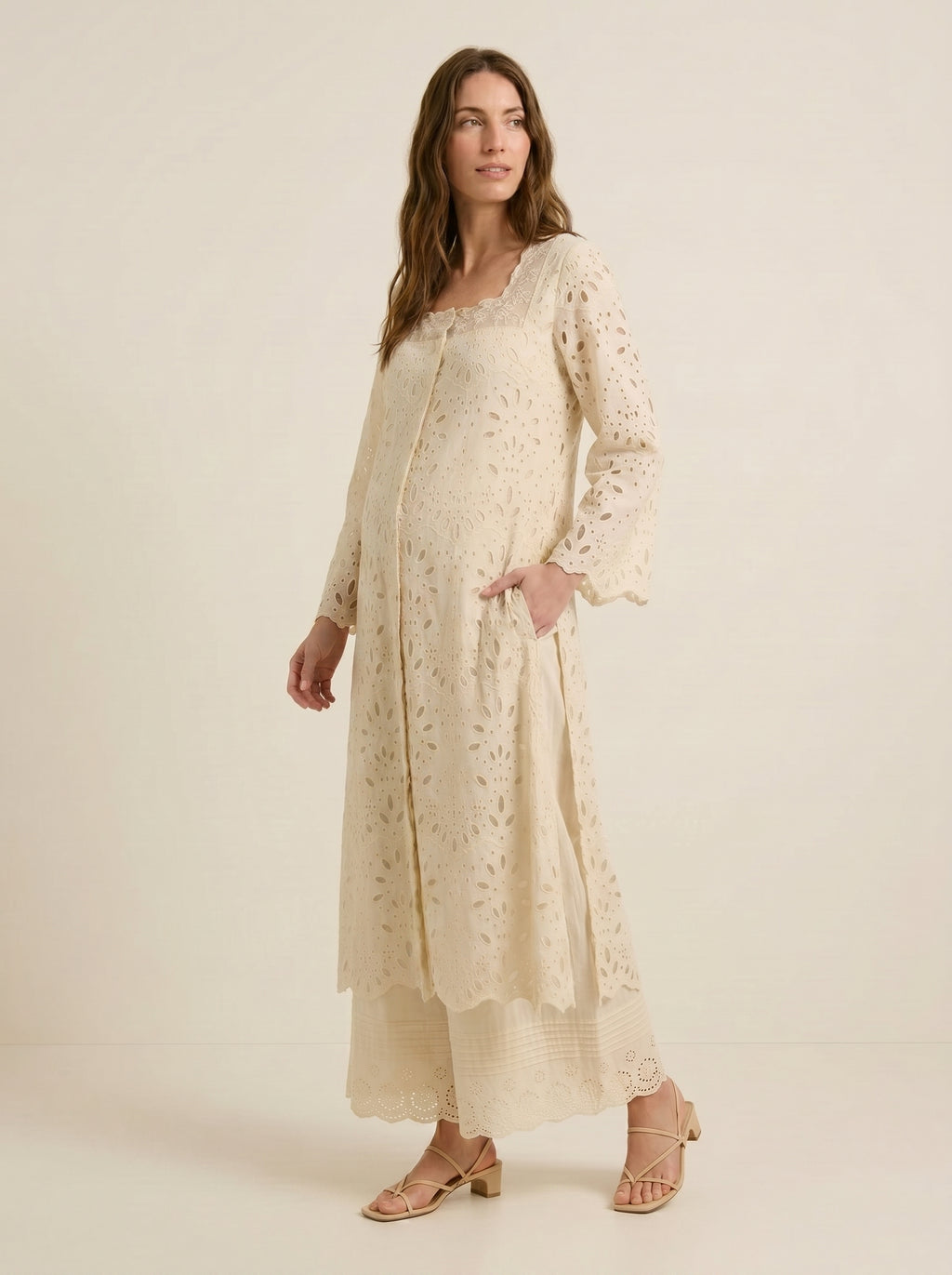 Exotic ivory eyelet maternity kurti set