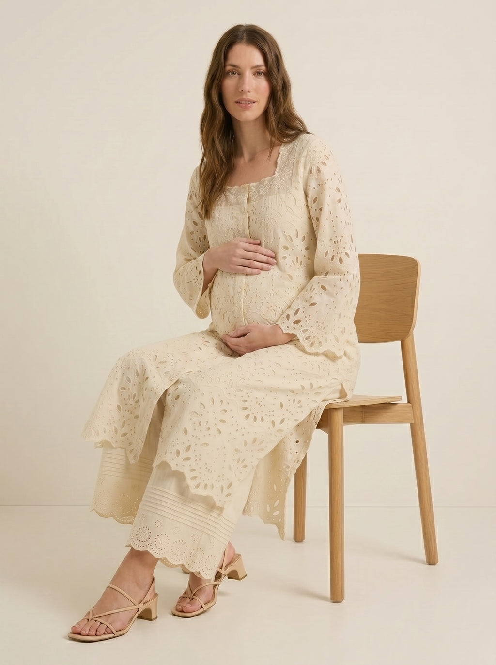 Exotic ivory eyelet maternity kurti set