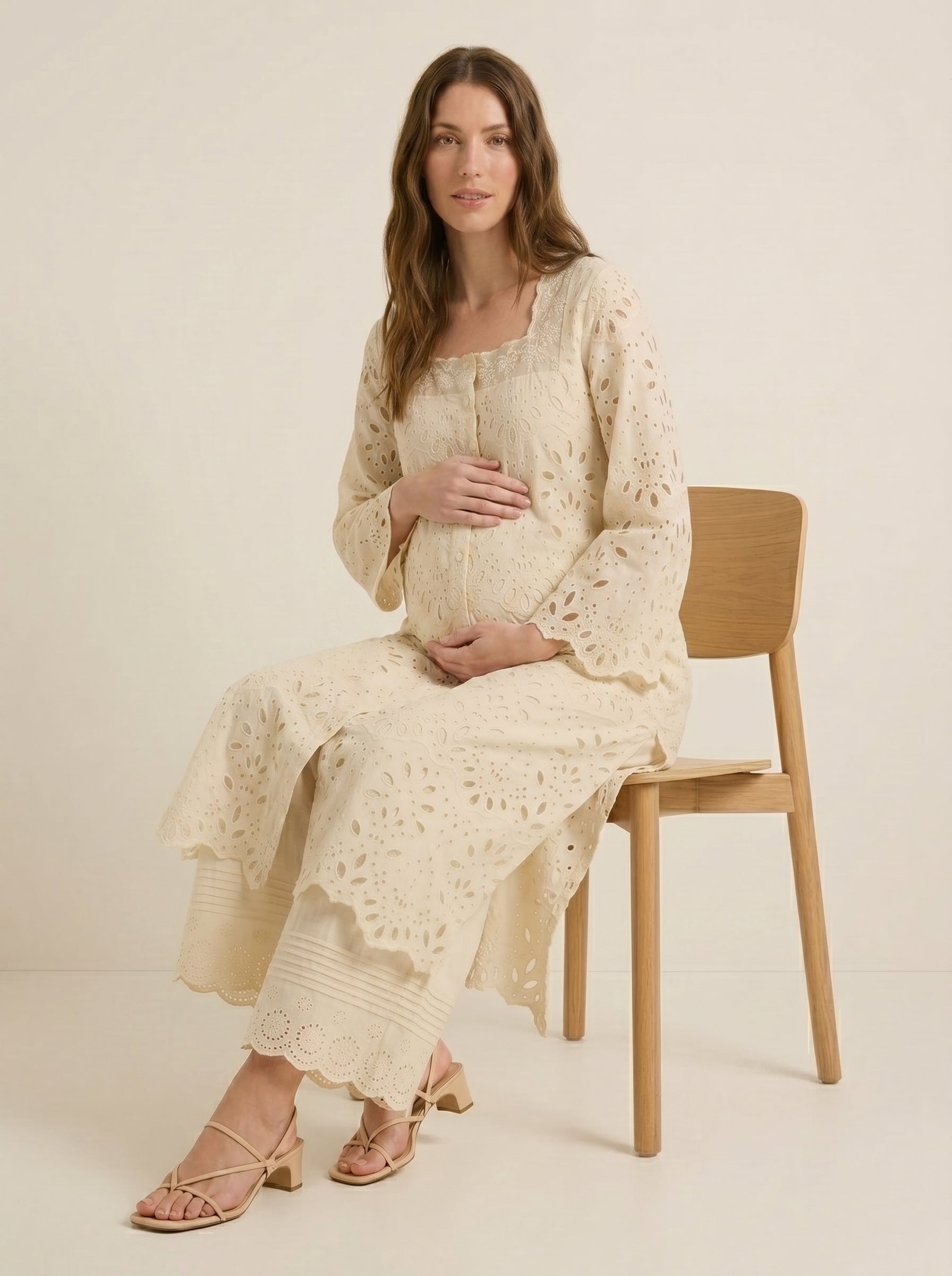 Exotic ivory eyelet maternity kurti set