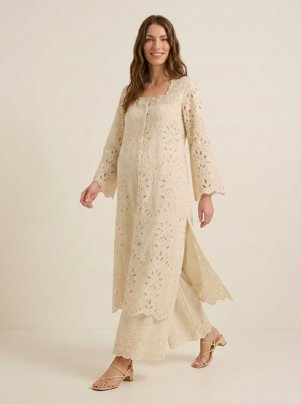 Exotic ivory eyelet maternity kurti set