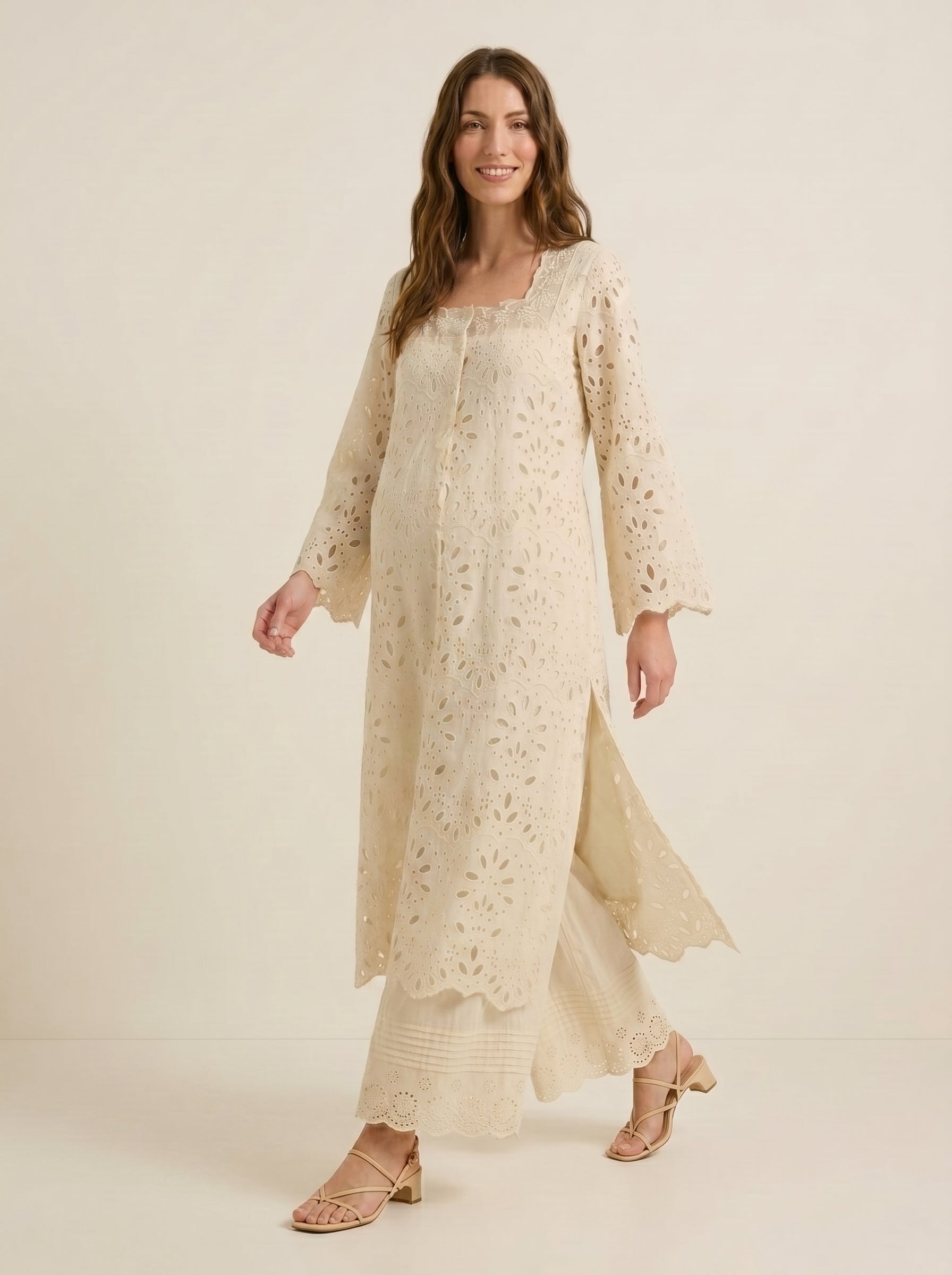 Exotic ivory eyelet maternity kurti set